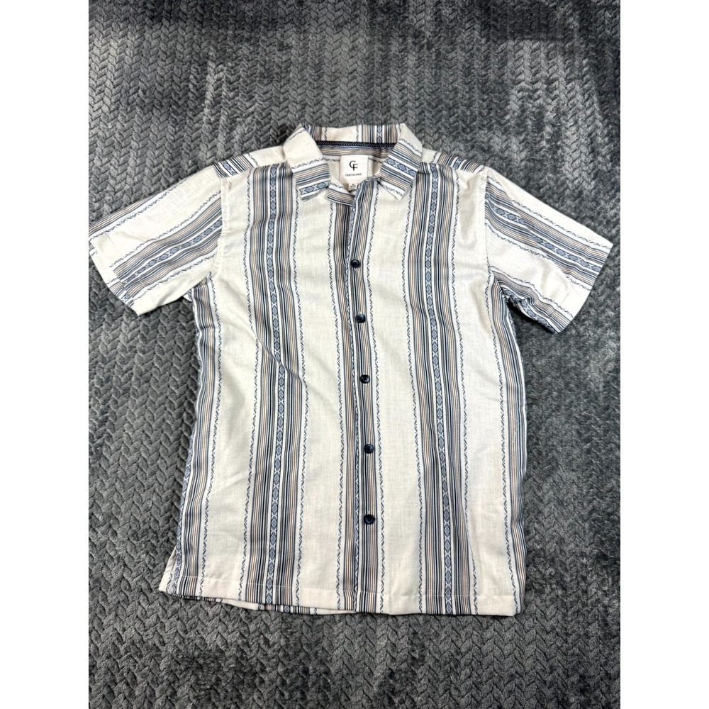 Craft+Flow Shirt Boys Medium 10/12 Beige Blue Striped Casual Summer Camp Collar